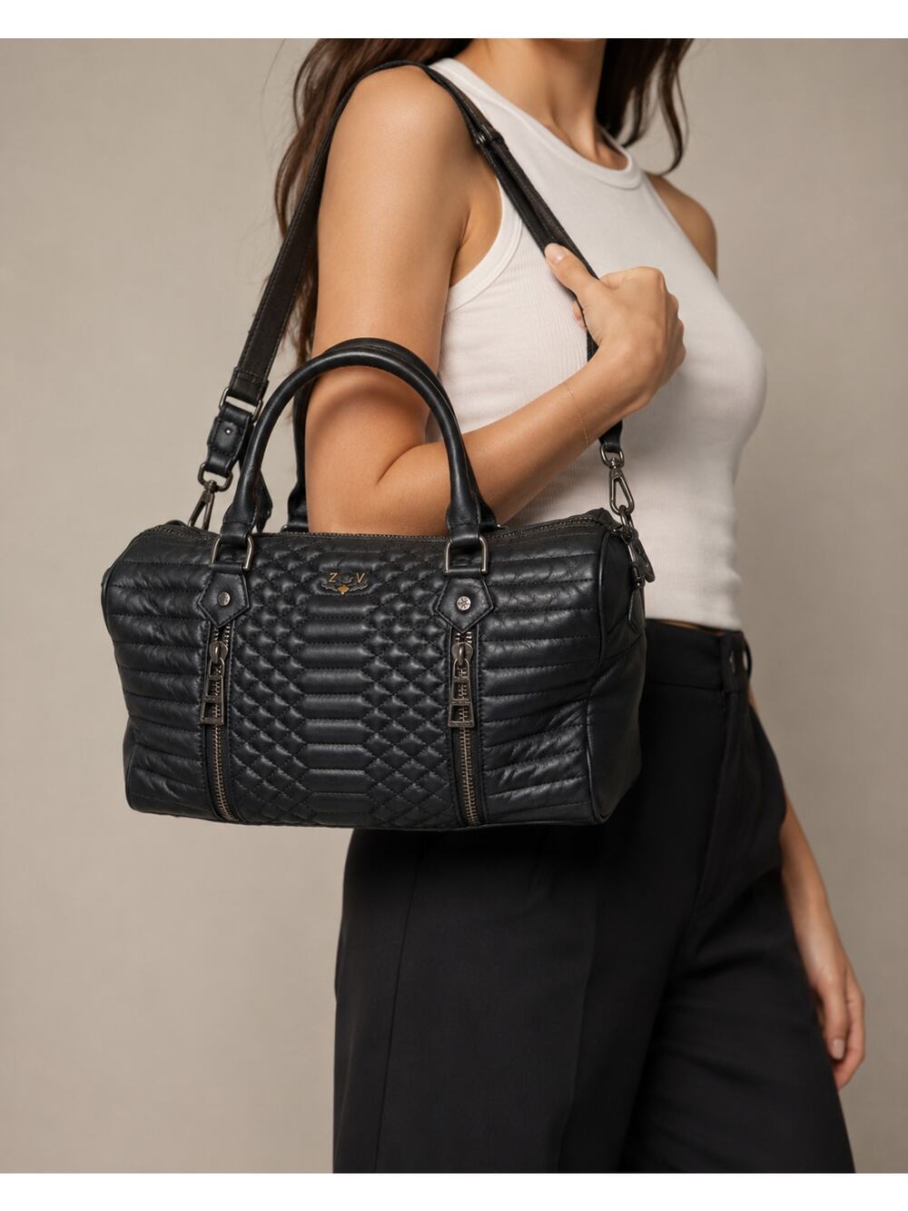 Iconic ZADIG & VOLTAIRE Sunny Medium Bag In BLACK quilted leather